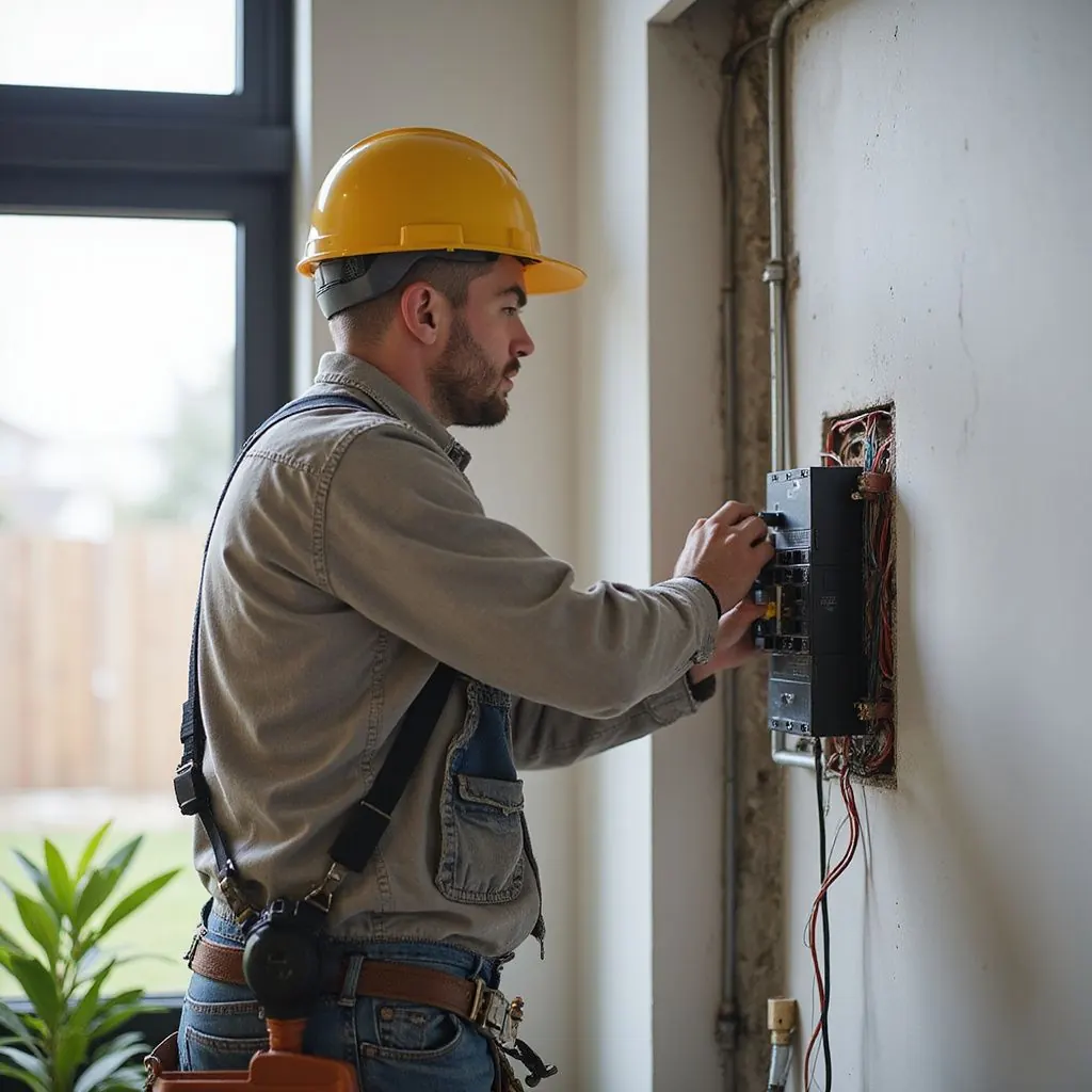 Electrician in yellow hard hat working on an electrical panel in a building.