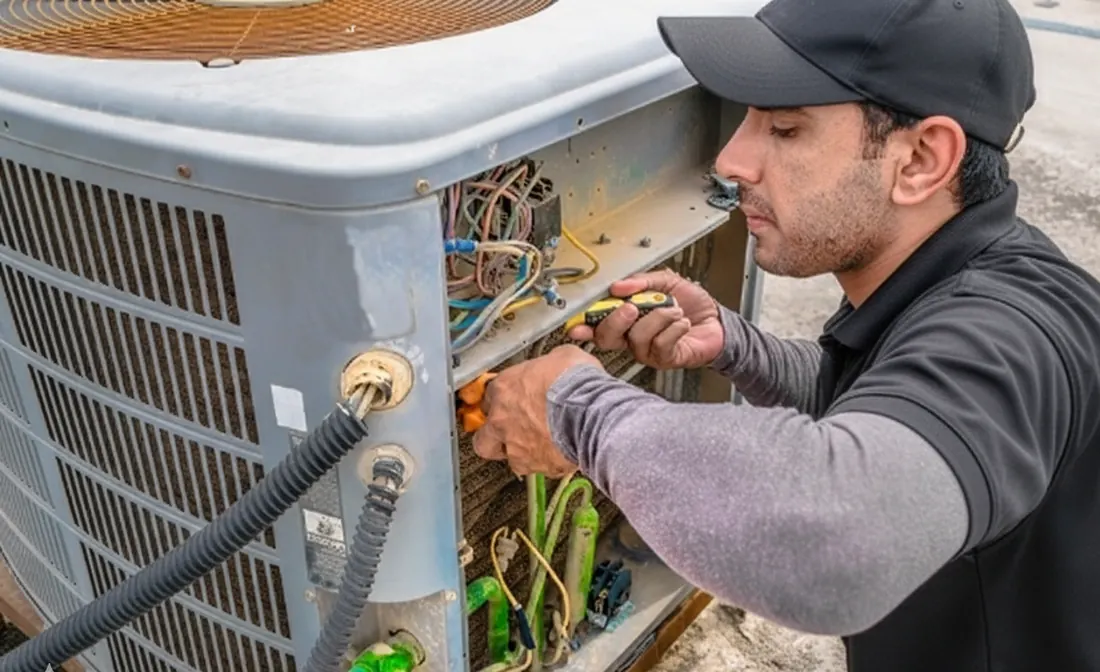 HVAC technician in black cap and shirt, repairs the air conditioning unit's wiring, outdoors.