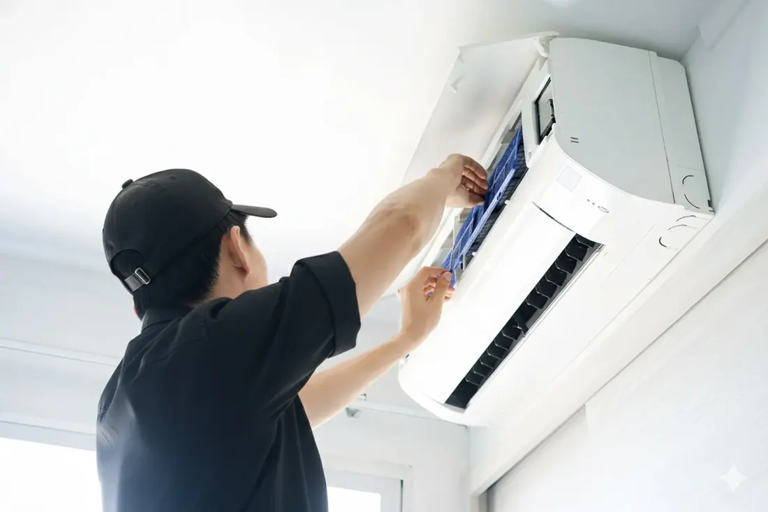 Person installing or cleaning an air conditioner filter on a white wall.